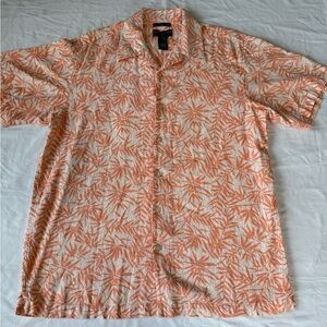 Men's Saddlebred Washable Linen Button‎ Up Hawaiian Palm Leaf Coral Print size L